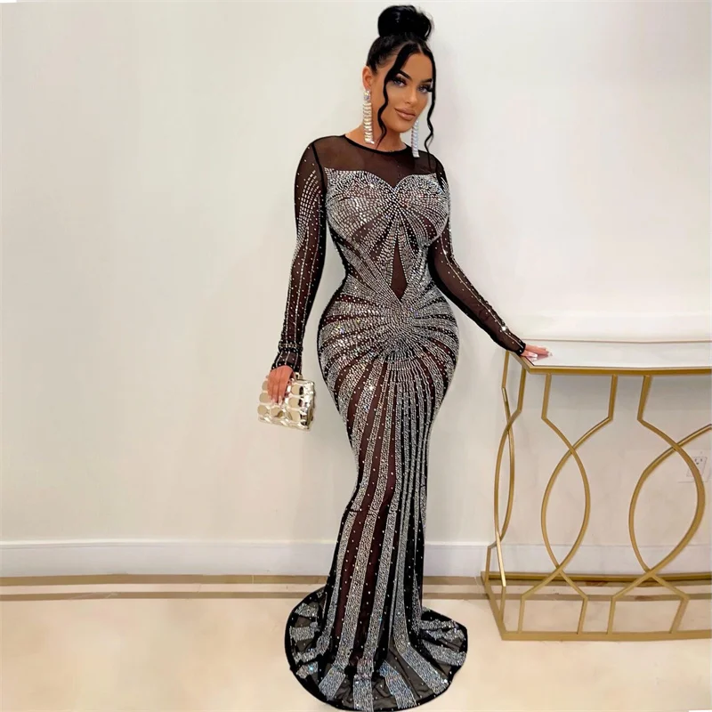 Sparkly Rhinestone Club Party Dress - セクシーなキラキラクリスタルラインストーンマーメイドイブニングドレス女性のための高級クラブパーティーナイトメッシュシアーボディコンマキシドレスエレガント