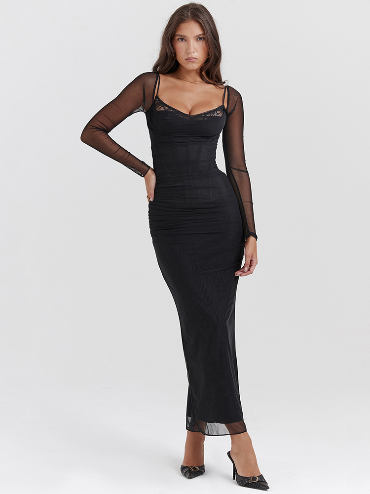 Sexy Mesh Sheer Bodycon Dress - 肌に密着した長袖マキシドレス,エレガント,女性用,メッシュ,黒,ストラップレス,ホルター,クラブ,パーティー,セクシー,ファッショナブル