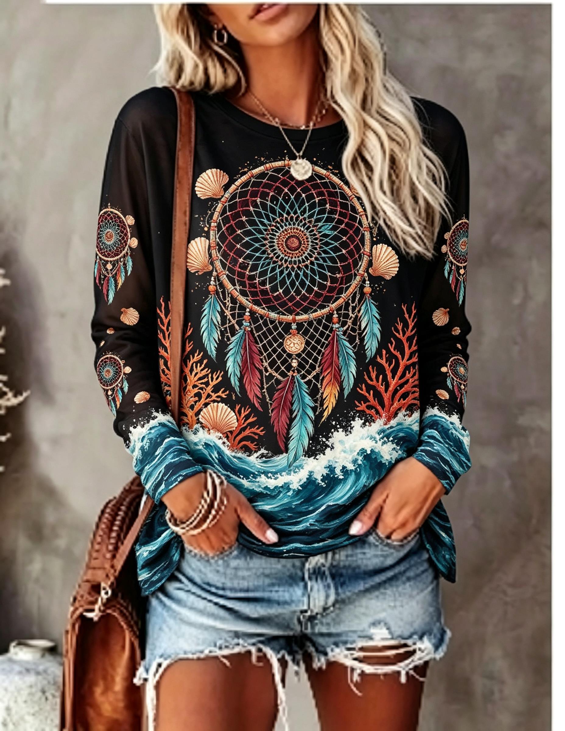 Blouses - レディース クルーネック 長袖 Tシャツ ボヘミアン スタイル