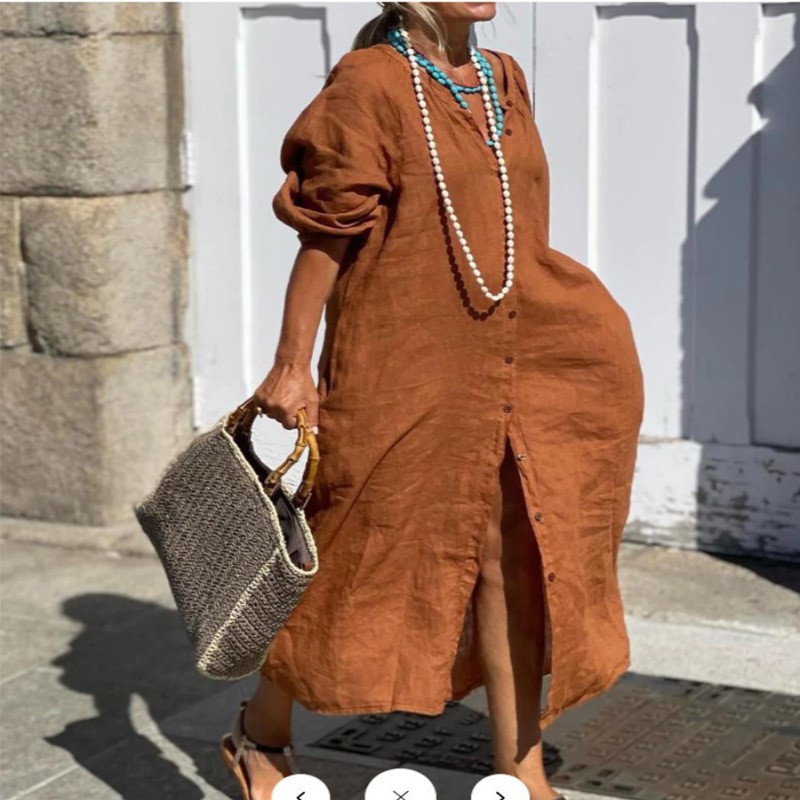 Casual Loose Linen Shirt Dress - ファッションエレガントな春のコットンリネンドレス女性のターンダウン襟ボタンシャツドレス女性の新しいルーズオーバーサイズレディース服