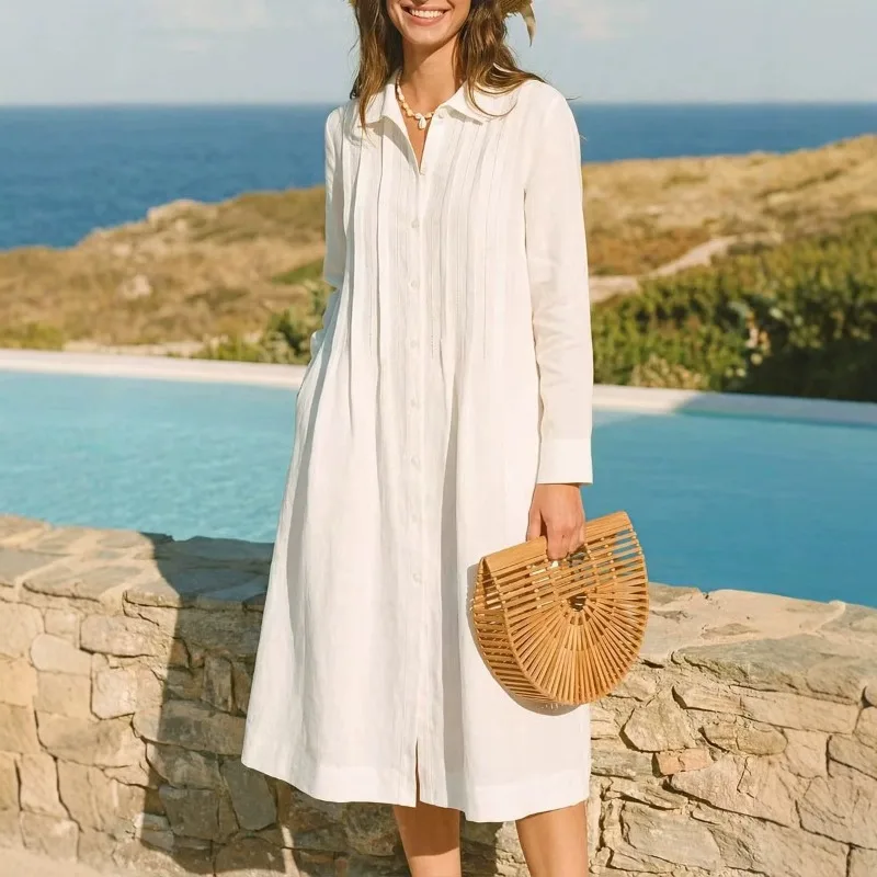 Casual Loose Linen Shirt Dress - ヨーロピアンスタイルのゆったりとしたロングドレス、カジュアルなバケーション用、長袖シャツ襟、前開きカーディガンワンピース