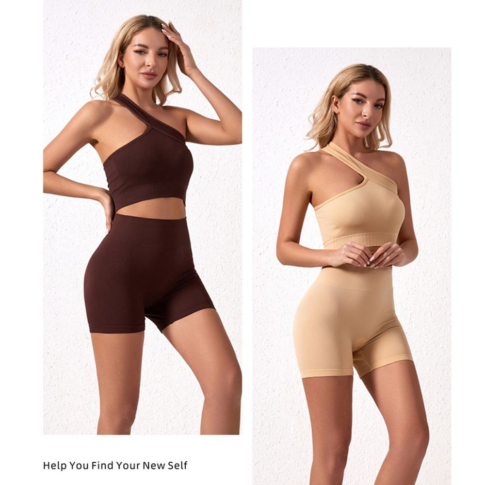 Seamless Ribbed Workout Tank Top - 2ピース 再利用可能なシームレス女性用ワークアウトセット リブ編みハイウエストヨガウェア タンクトップ ワンショルダー レディーストラックスーツ