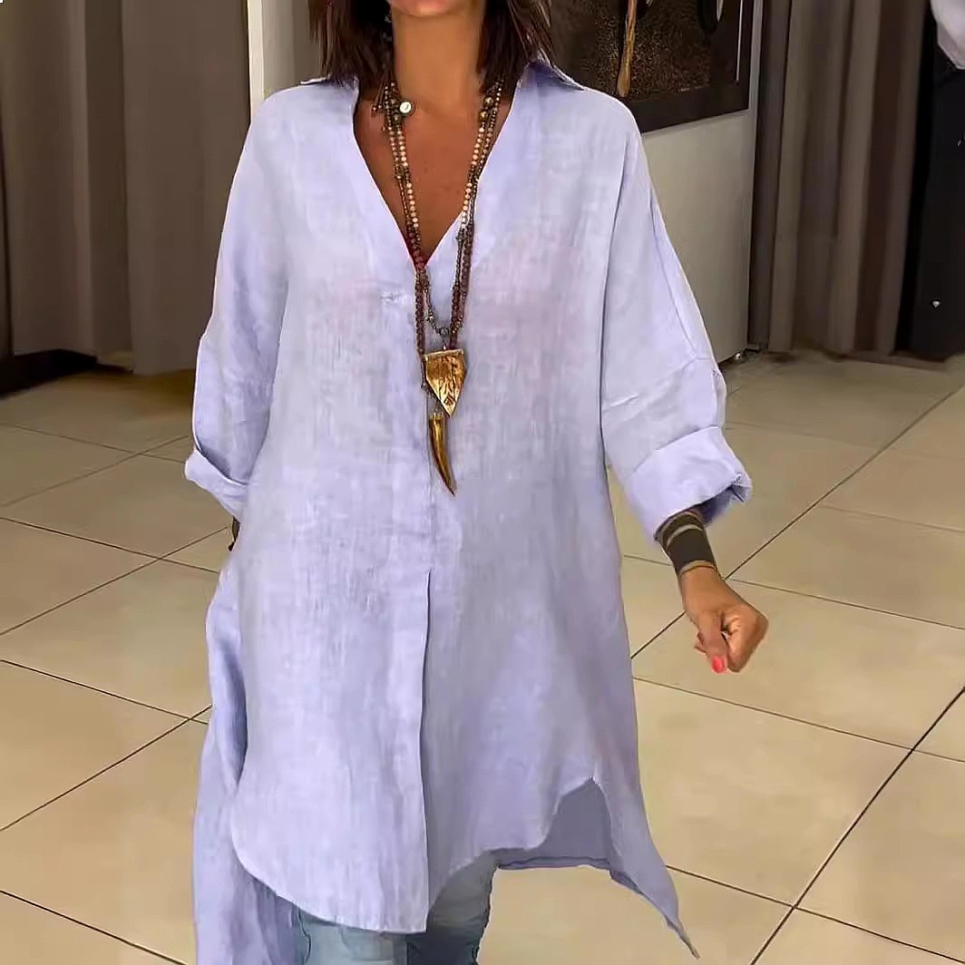 Casual Loose Linen Shirt Dress - レディース リネンシャツワンピース ゆったりとしたカジュアルブラウス 春夏用