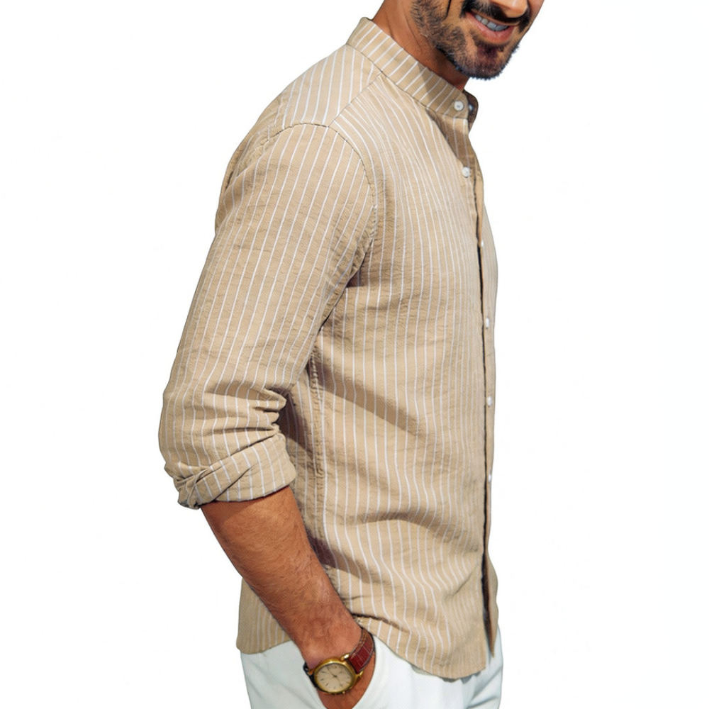 Casual Loose Linen Shirt Dress - メンズ スタンドカラー リネンシャツ 長袖 縦縞模様 ゆったりとしたシルエット