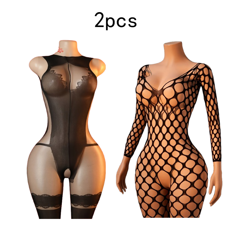 Lingerie - 2枚セット – 女性用セクシーな網目模様のボディスーツランジェリー – シースルーの無地（黒）で、大胆なカットアウトデザイン。カジュアルにもフォーマルにも着用可能。