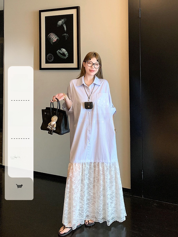 Korean Style A Line Shirt Dress - Luu チェリーガールレース A ラインシャツドレス女性夏ルーズロングデザインセンススカート通勤韓国スタイルパッチワークドレス