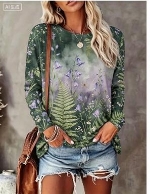 Blouses - レディース長袖Tシャツ グラデーション背景 水彩花鳥柄 クルーネック ルーズ カジュアル
