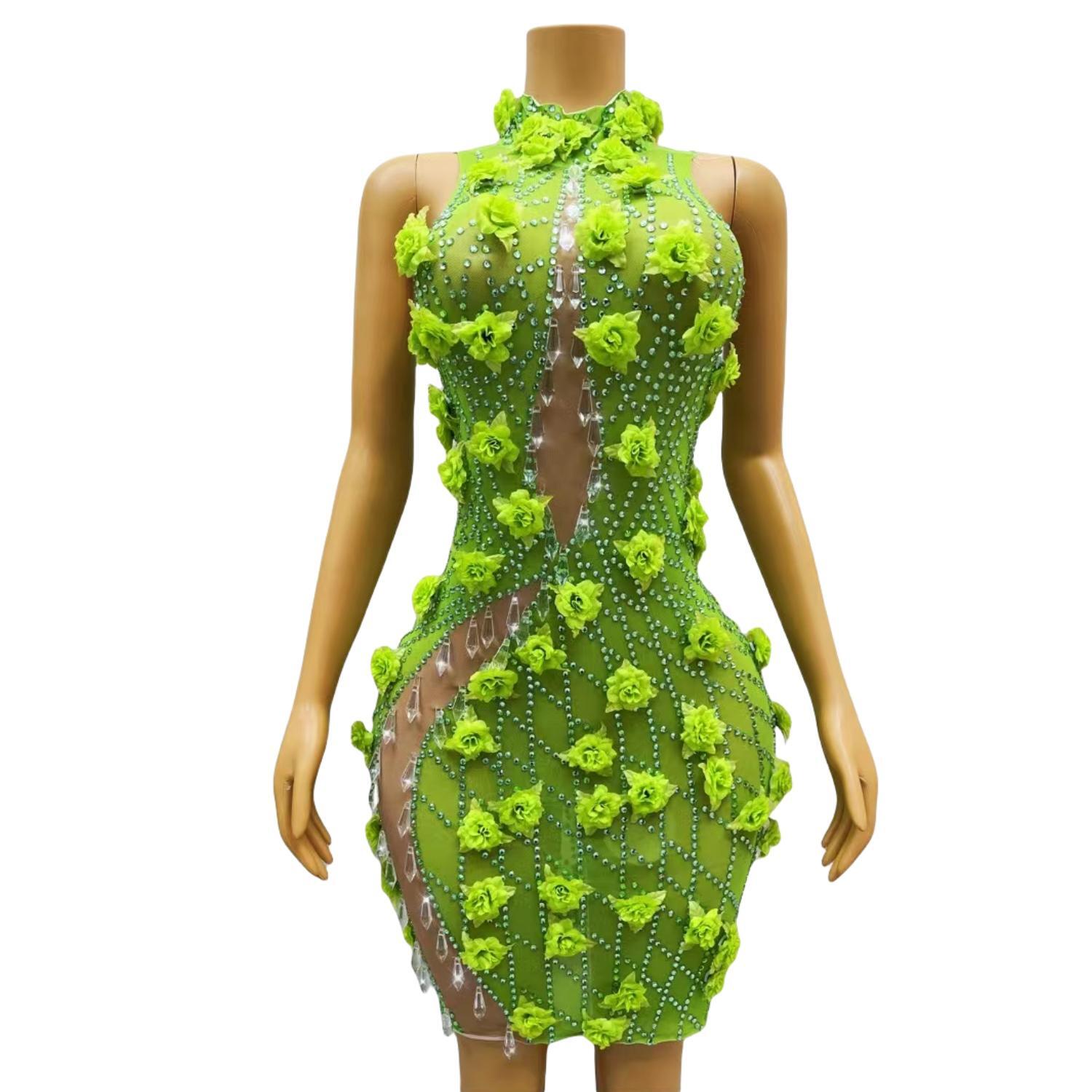 Sparkly Rhinestone Club Party Dress - シックなキラキラクリスタルラインストーングリーンボディコンミニドレス誕生日祝うパーティー写真撮影着用ナイトクラブダンス翔衣装