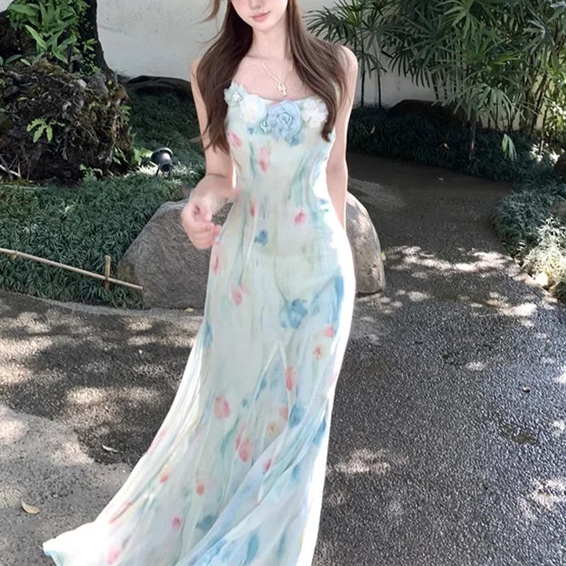 French Vintage Floral Midi Dress - かわいい甘い Y2k 日本のミディドレス女性レース花柄デザインキャミソールヴィンテージドレスフレンチエレガントなイブニングパーティーファッション