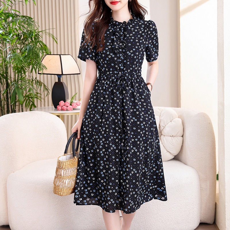 French Vintage Floral Midi Dress - ヴィンテージネイビーブルー花柄ミディドレスフリルVネック半袖Aラインカジュアルサマードレスポケット原宿フレンチティーウェア