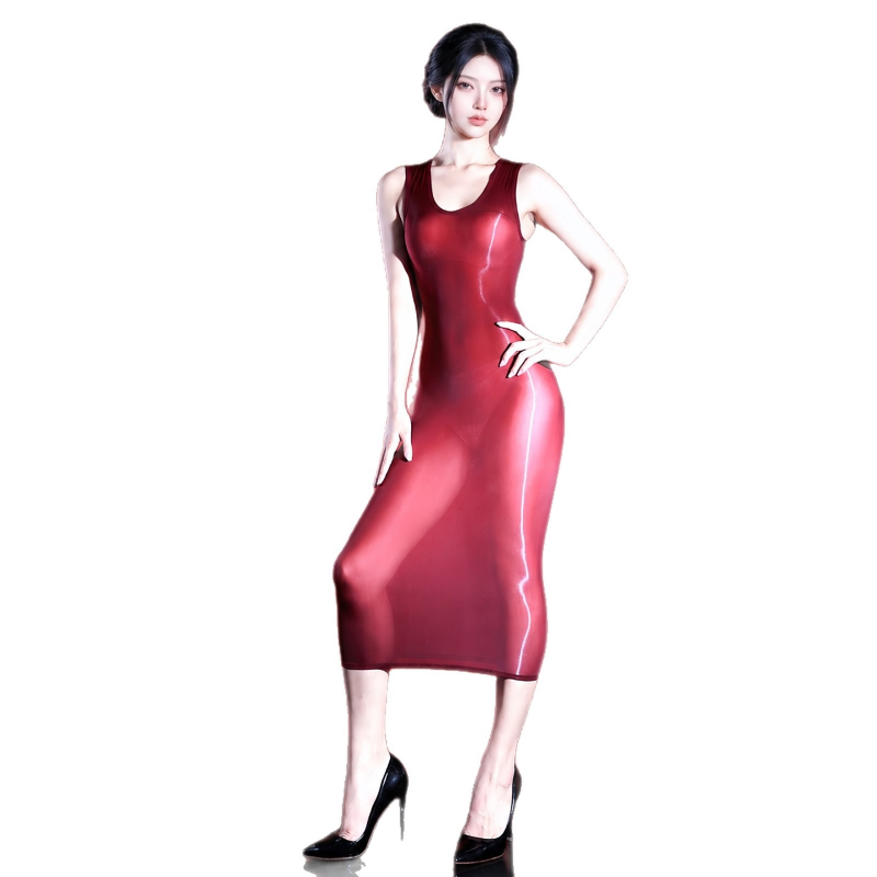 Sexy Mesh Sheer Bodycon Dress - 女性用、セクシーなドレス、袖なし、光沢感のある素材、シースルー、高密度素材、ロング丈、ボディコンシャス、伸縮性のあるタイトなデザイン、透け感のあるナイトドレス。