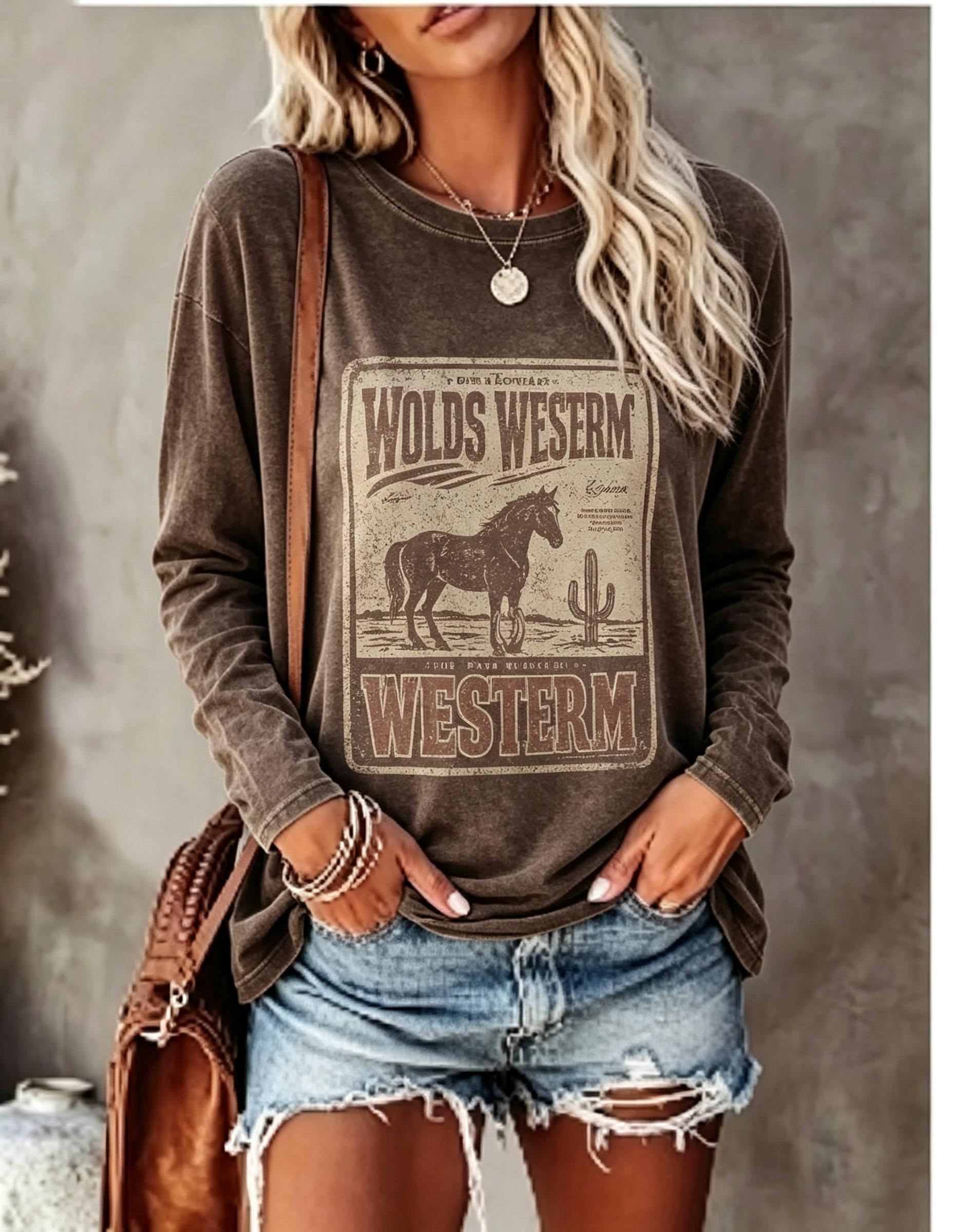 Blouses - レディース 長袖Tシャツ ヴィンテージ風 西部風 馬とサボテンのポスター柄 クルーネック