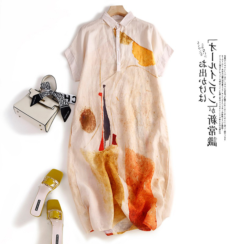 Casual Loose Linen Shirt Dress - カジュアルコットンリネンシャツワンピース レディース プリントロングスカート 夏 ルーズウエスト Aラインスカート