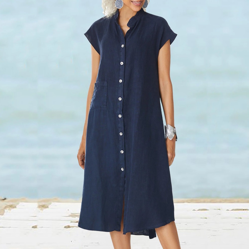2026 女性カジュアル黒シャツドレス半袖ボタンダウンミディ - Casual Loose Linen Shirt Dress のレビューと価格