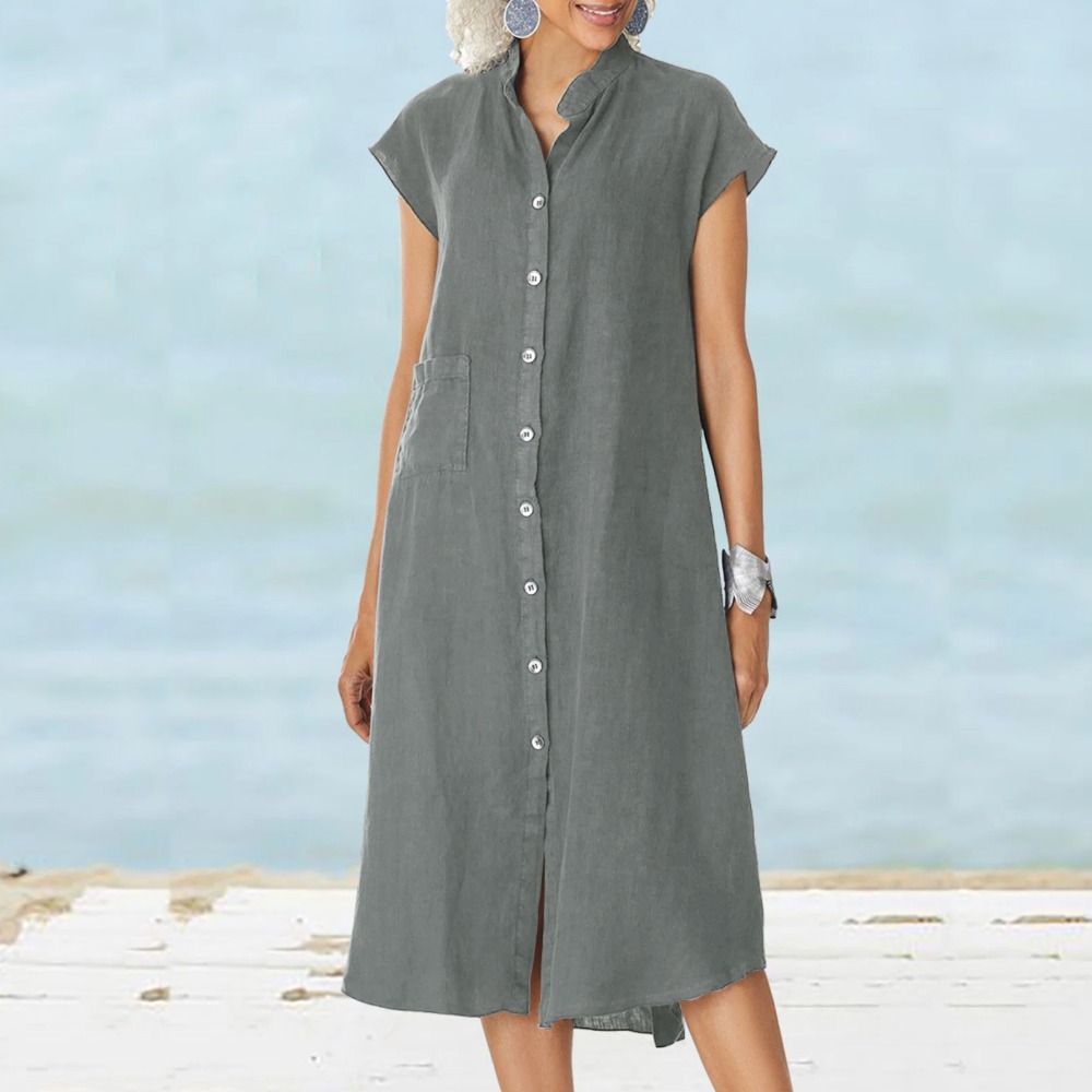 2026 女性カジュアル黒シャツドレス半袖ボタンダウンミディ - Casual Loose Linen Shirt Dress のレビューと価格