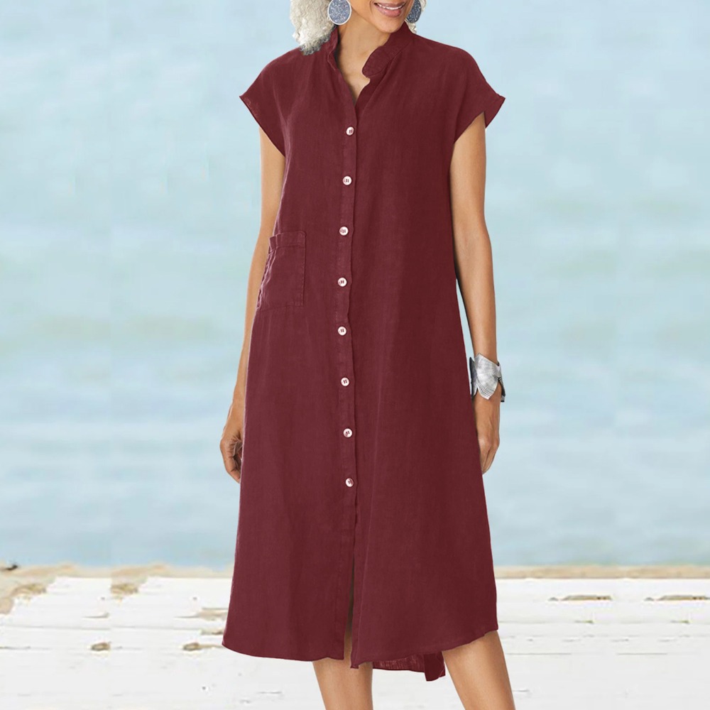 2026 女性カジュアル黒シャツドレス半袖ボタンダウンミディ - Casual Loose Linen Shirt Dress のレビューと価格