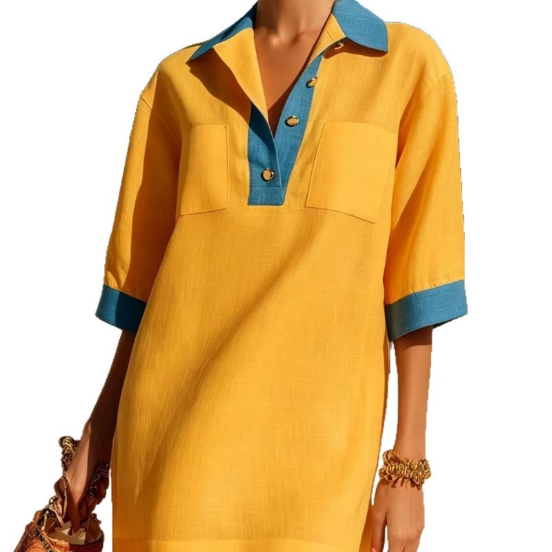 レディースサマーエレガントコントラストポケットポロシャツドレ - Casual Loose Linen Shirt Dress のレビューと価格