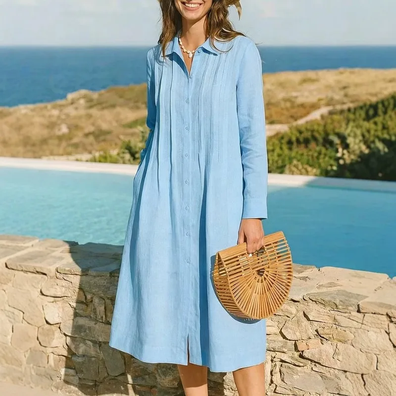 ヨーロピアンスタイルのゆったりとしたロングドレス、カジュアル - Casual Loose Linen Shirt Dress のレビューと価格