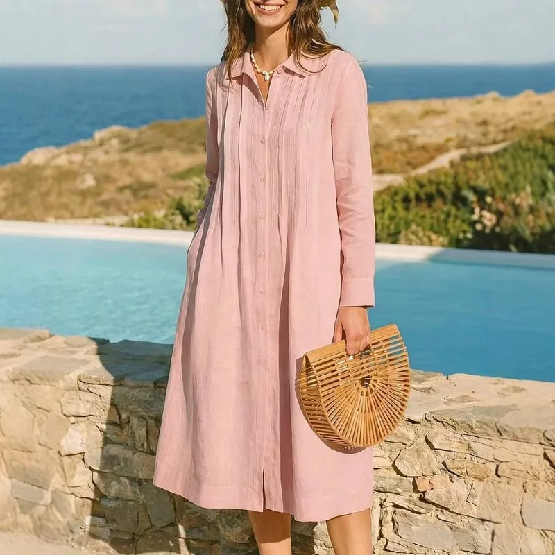 ヨーロピアンスタイルのゆったりとしたロングドレス、カジュアル - Casual Loose Linen Shirt Dress のレビューと価格