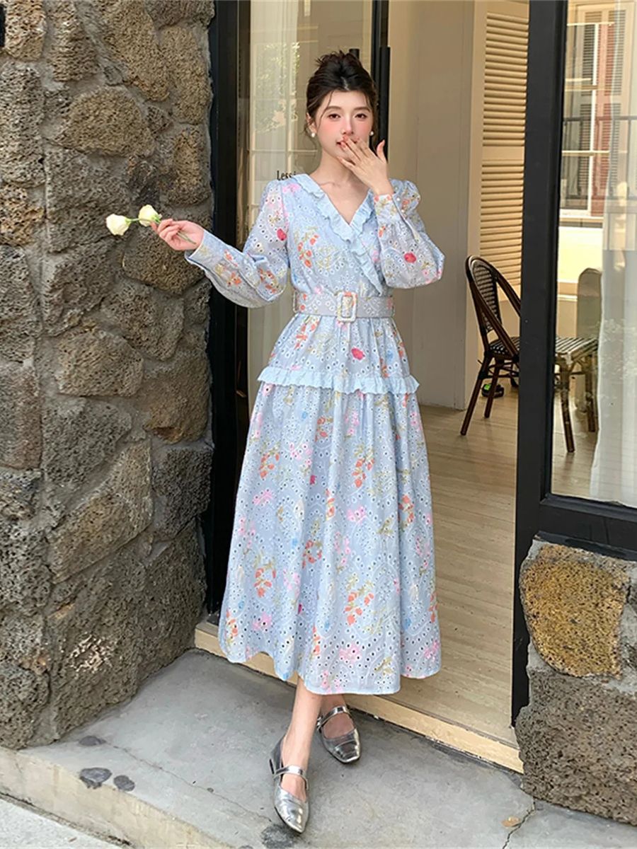 フランスのロマンチックスタイル、ランタン袖の花柄ミディ丈ワン - French Vintage Floral Midi Dress のレビューと価格