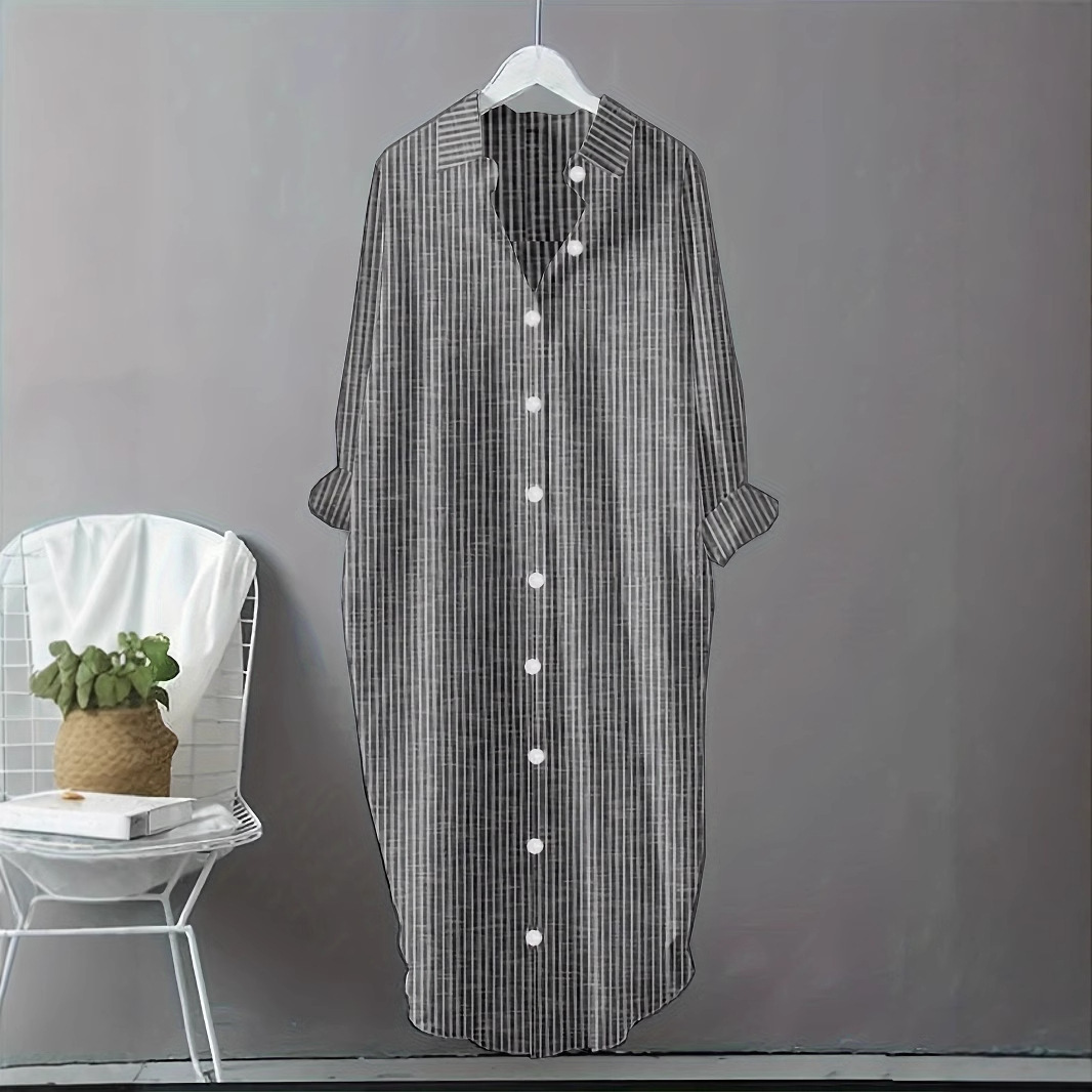 ヴィンテージ風コットンリネンストライプシャツワンピース レデ - Casual Loose Linen Shirt Dress のレビューと価格
