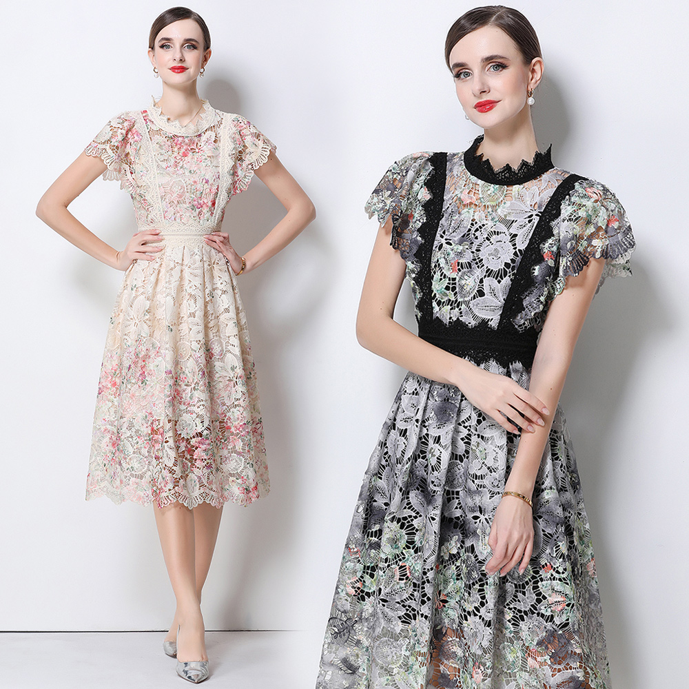 エレガントなレース刺繍中空ミディドレス半袖スリムハイウエスト - French Vintage Floral Midi Dress のレビューと価格
