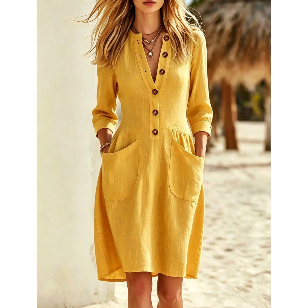 ファッションイミテーションボタンリネンVネックボタン付き7分 - Casual Loose Linen Shirt Dress のレビューと価格