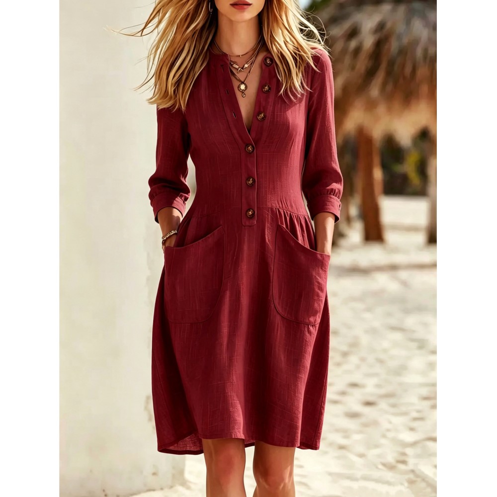 ファッションイミテーションボタンリネンVネックボタン付き7分 - Casual Loose Linen Shirt Dress のレビューと価格