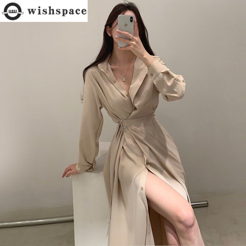 長袖ラペルシャツスタイルドレス韓国スタイルエレガントな女性の - Korean Style A Line Shirt Dress のレビューと価格