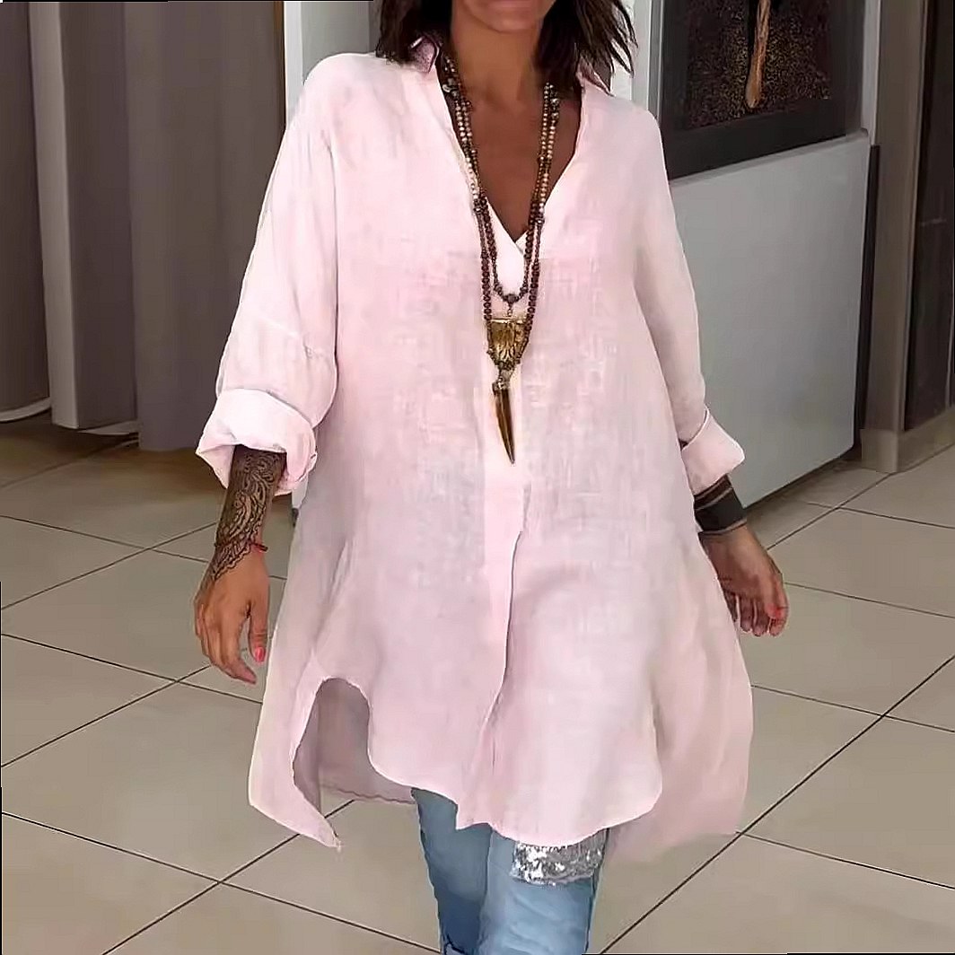 レディース リネンシャツワンピース ゆったりとしたカジュアル - Casual Loose Linen Shirt Dress のレビューと価格