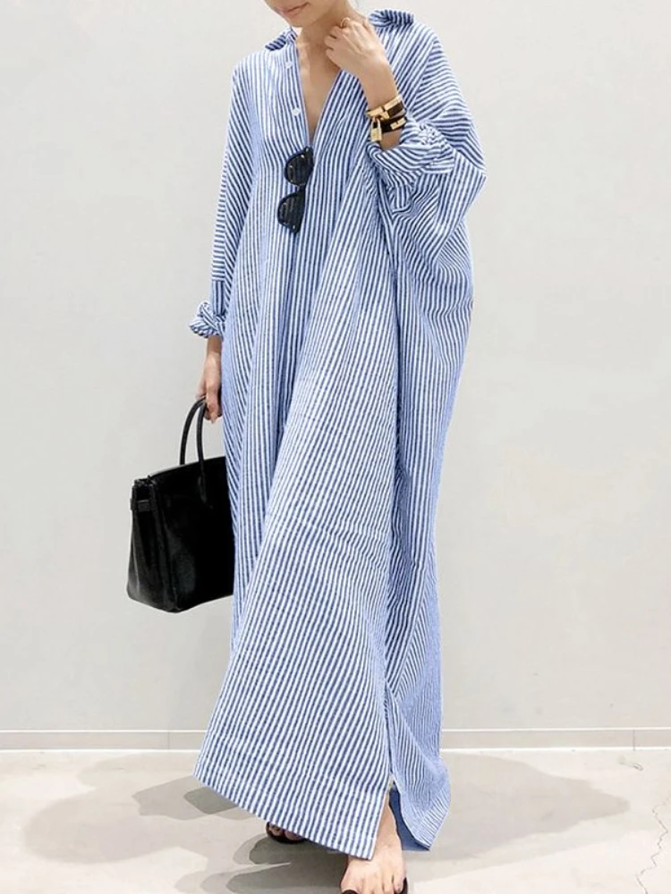 サマードレス コットンリネン ストライプ カーディガン シャ - Casual Loose Linen Shirt Dress のレビューと価格