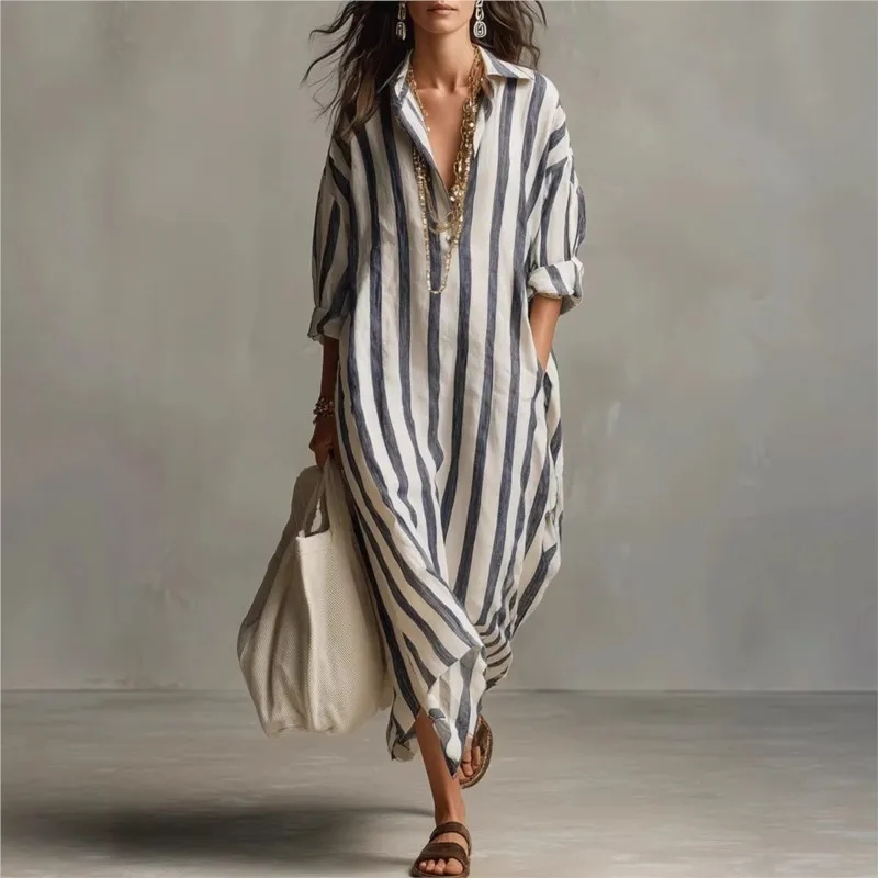 エレガントな折り返し襟のリネンロングドレス、トレンディなカジ - Casual Loose Linen Shirt Dress のレビューと価格
