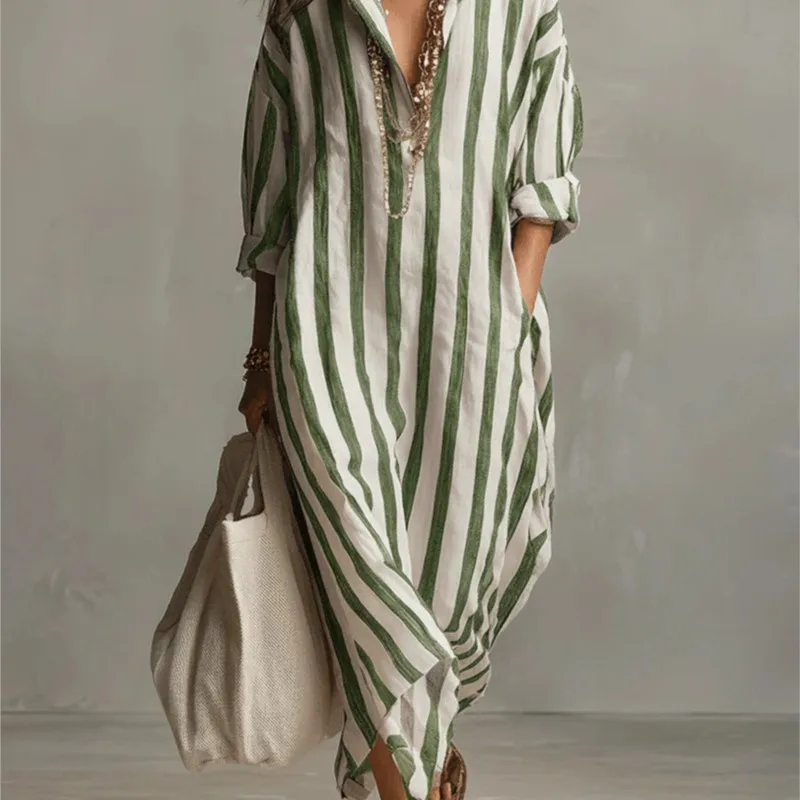 エレガントな折り返し襟のリネンロングドレス、トレンディなカジ - Casual Loose Linen Shirt Dress のレビューと価格