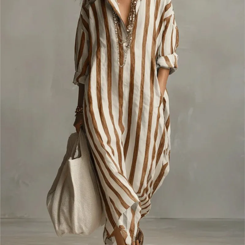 エレガントな折り返し襟のリネンロングドレス、トレンディなカジ - Casual Loose Linen Shirt Dress のレビューと価格