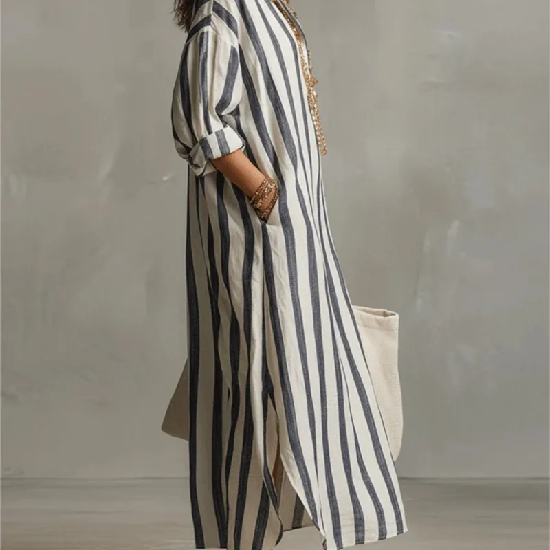 エレガントな折り返し襟のリネンロングドレス、トレンディなカジ - Casual Loose Linen Shirt Dress のレビューと価格