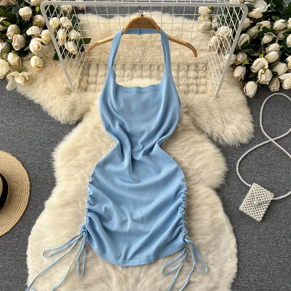 女性用ニットホルターミニドレス,単色,セクシー,ストリートウ - Y2K Backless Halter Mini Dress のレビューと価格