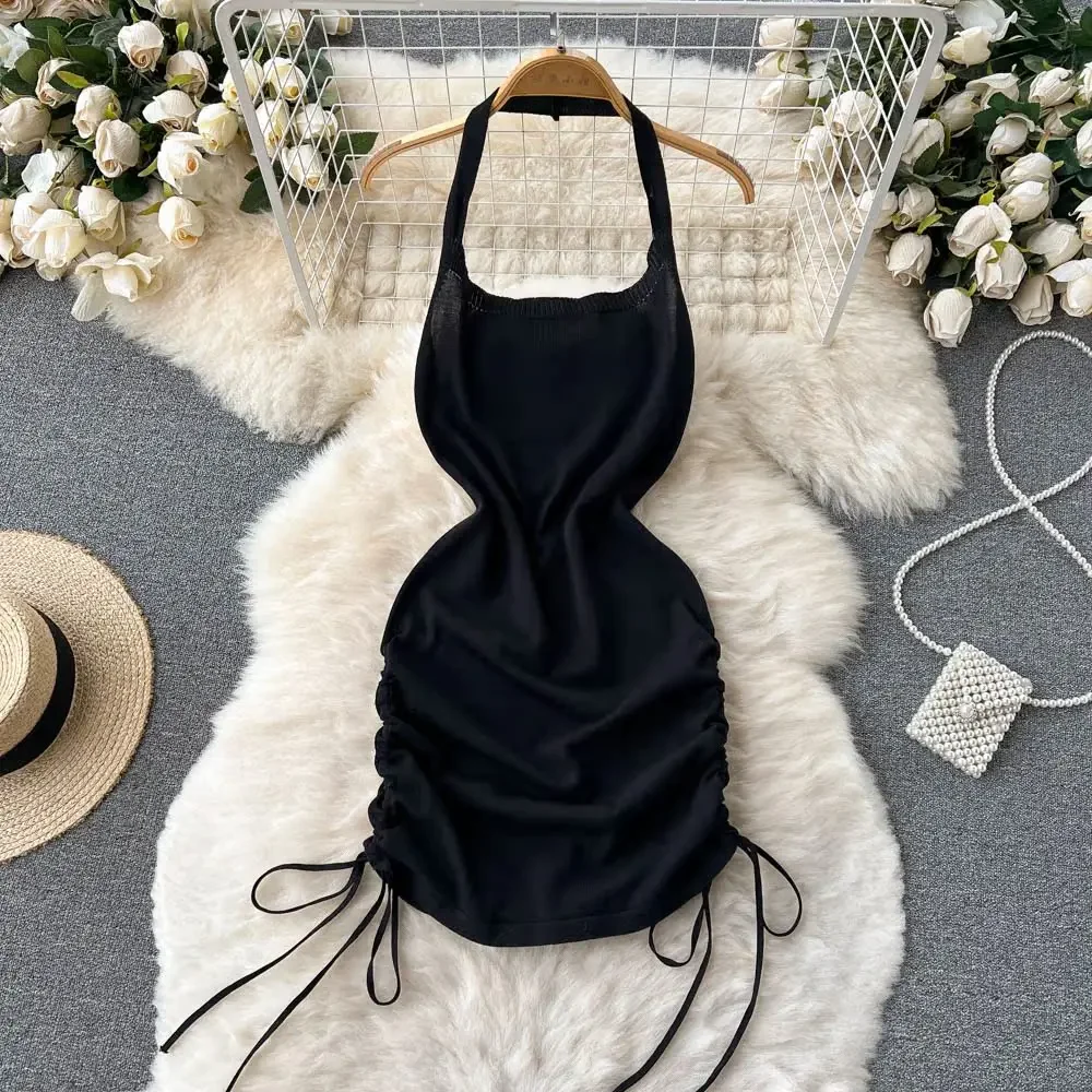 女性用ニットホルターミニドレス,単色,セクシー,ストリートウ - Y2K Backless Halter Mini Dress のレビューと価格