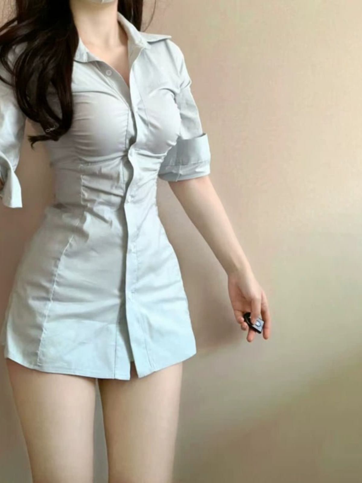 セクシーなプリーツ入りウエストシェイプシャツワンピース 韓国 - Korean Style A Line Shirt Dress のレビューと価格