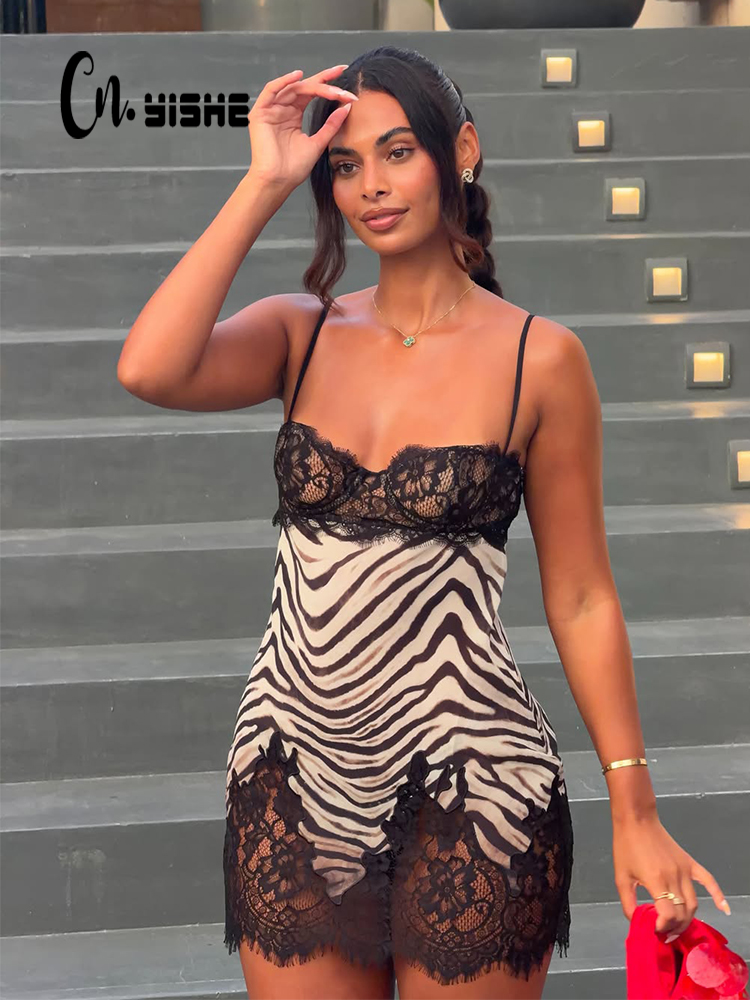 CNYISHE キャミソール ゼブラ柄 レース パッチワーク - Sexy Mesh Sheer Bodycon Dress のレビューと価格