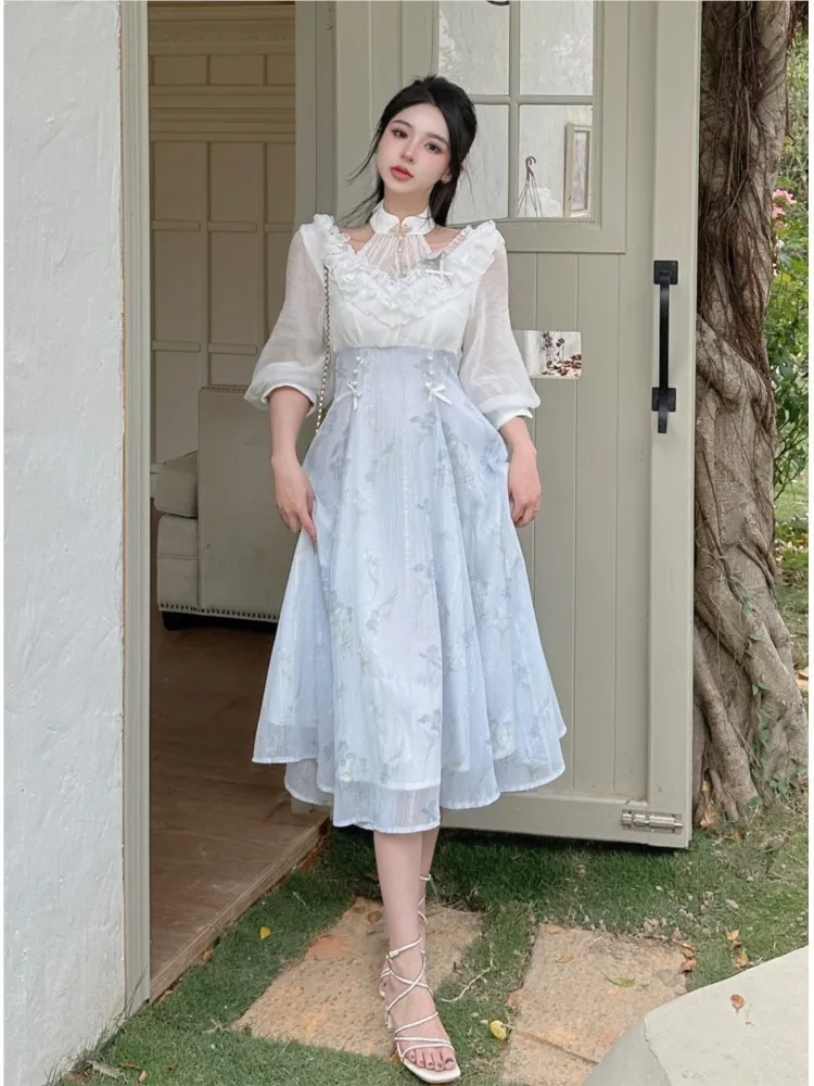 エレガントな女性の夏のフレンチヴィンテージ花柄ミディドレス韓 - French Vintage Floral Midi Dress のレビューと価格