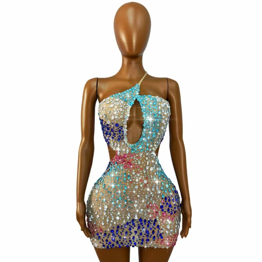 キラキラ輝くカラフルなラインストーン付き、背中が開いたシース - Sparkly Rhinestone Club Party Dress のレビューと価格
