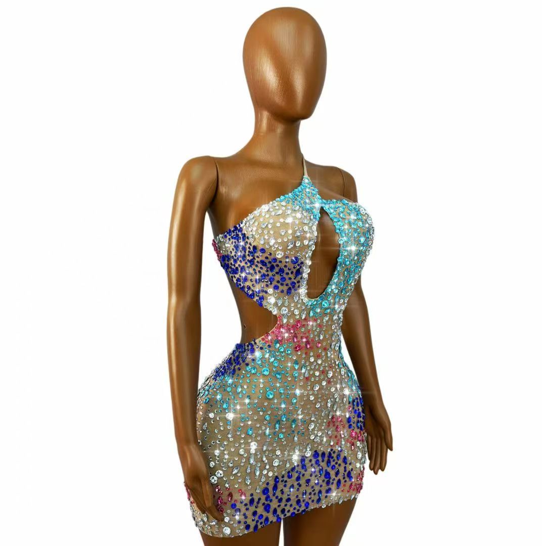 キラキラ輝くカラフルなラインストーン付き、背中が開いたシース - Sparkly Rhinestone Club Party Dress のレビューと価格