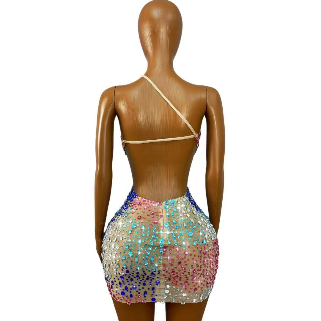 キラキラ輝くカラフルなラインストーン付き、背中が開いたシース - Sparkly Rhinestone Club Party Dress のレビューと価格
