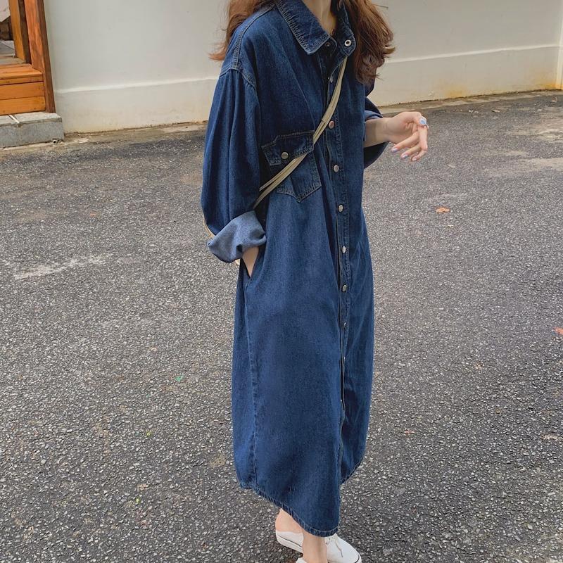 2026 新しい女性デニムシャツドレス長袖膝丈マキシドレス韓 - Korean Style A Line Shirt Dress のレビューと価格