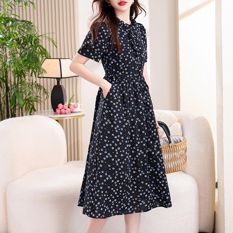 ヴィンテージネイビーブルー花柄ミディドレスフリルVネック半袖 - French Vintage Floral Midi Dress のレビューと価格