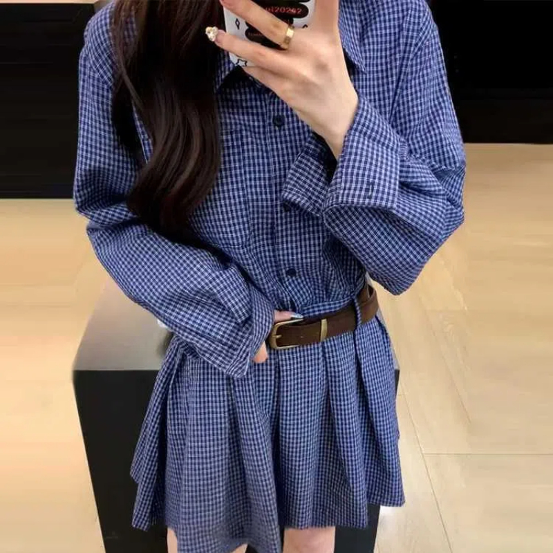 韓国の大学スタイルのドレス、レトロな青い市松模様の長袖シャツ - Korean Style A Line Shirt Dress のレビューと価格