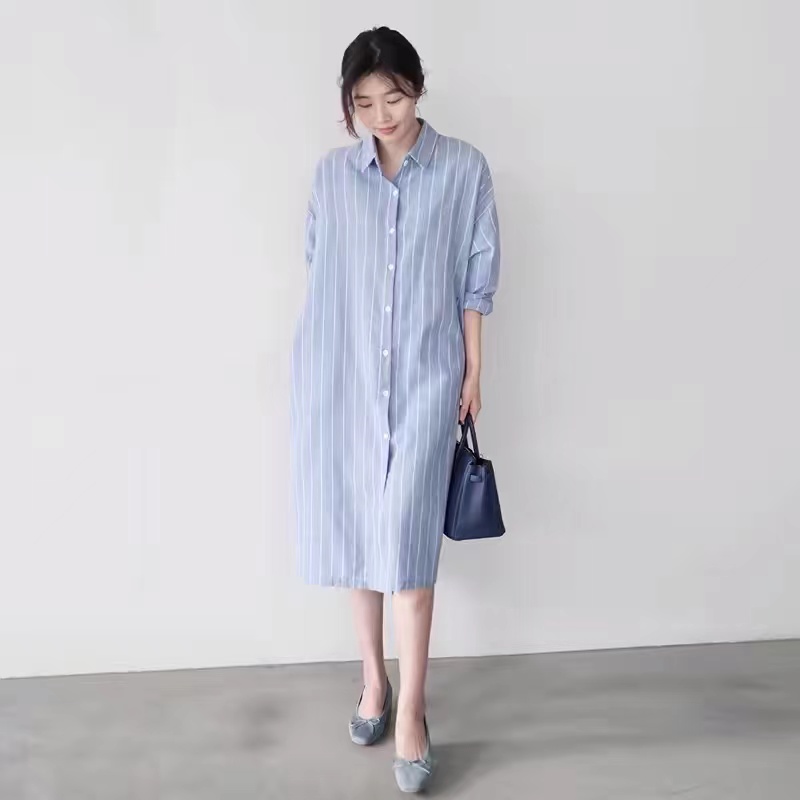 ブルーストライプシャツドレス女性のルーズカジュアルロングオー - Korean Style A Line Shirt Dress のレビューと価格