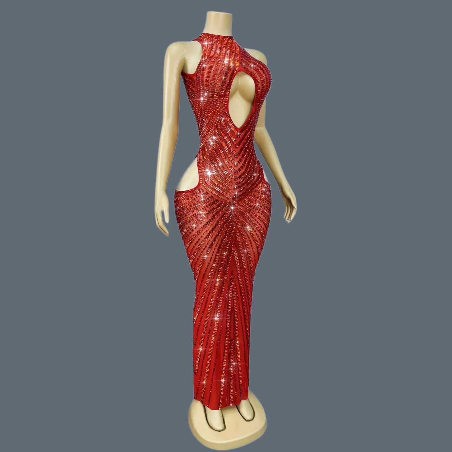 豪華な赤いラインストーン装飾の透かし彫りマーメイドドレス、キ - Sparkly Rhinestone Club Party Dress のレビューと価格
